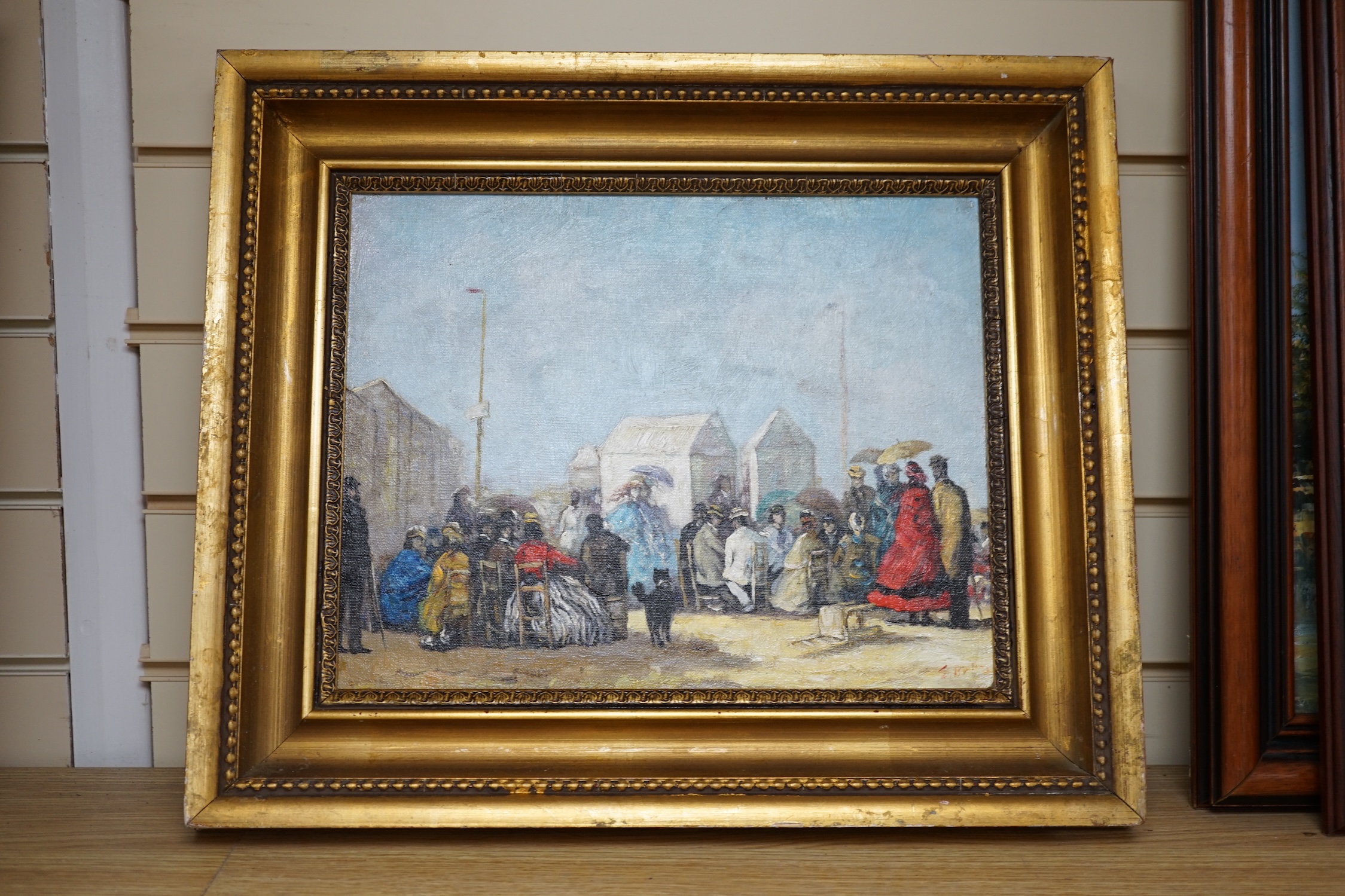 Decorative oil on board, Figures on a beach, 27 x 34cm. Condition - good